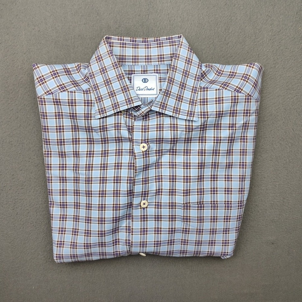 David‎ Donahue Shirt Mens Medium Blue Plaid Button Up Spread Dress Work School